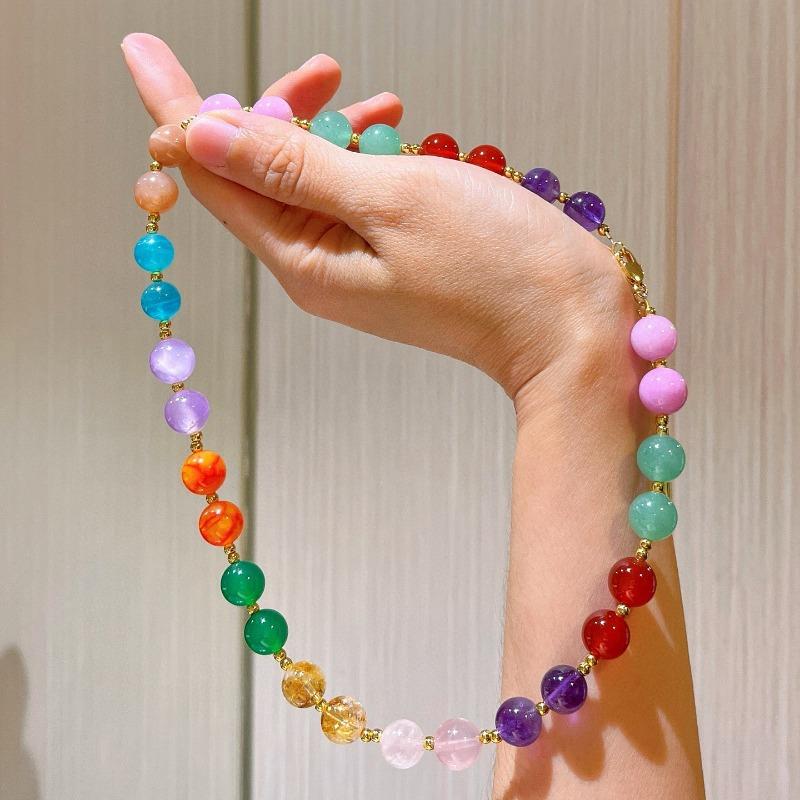 Women's Handmade Colorful Natural Stone Beaded Necklace - Multi-Color Gemstone Beads with Gold Accents, Boho-Chic Summer Beach Party Jewelry, Birthday Christmas Gift for Her