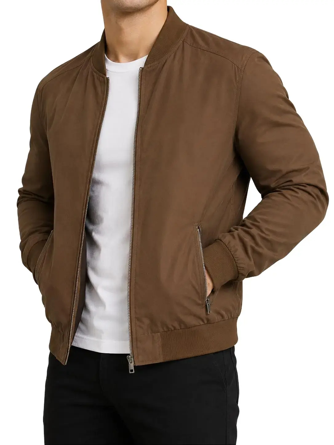 Men's Plain Brown Textured Baseball-Aviator Coat, Menswear with Ribbed Collar, All-Zip Pockets, Long Sleeve Stylish Casual Outerwear