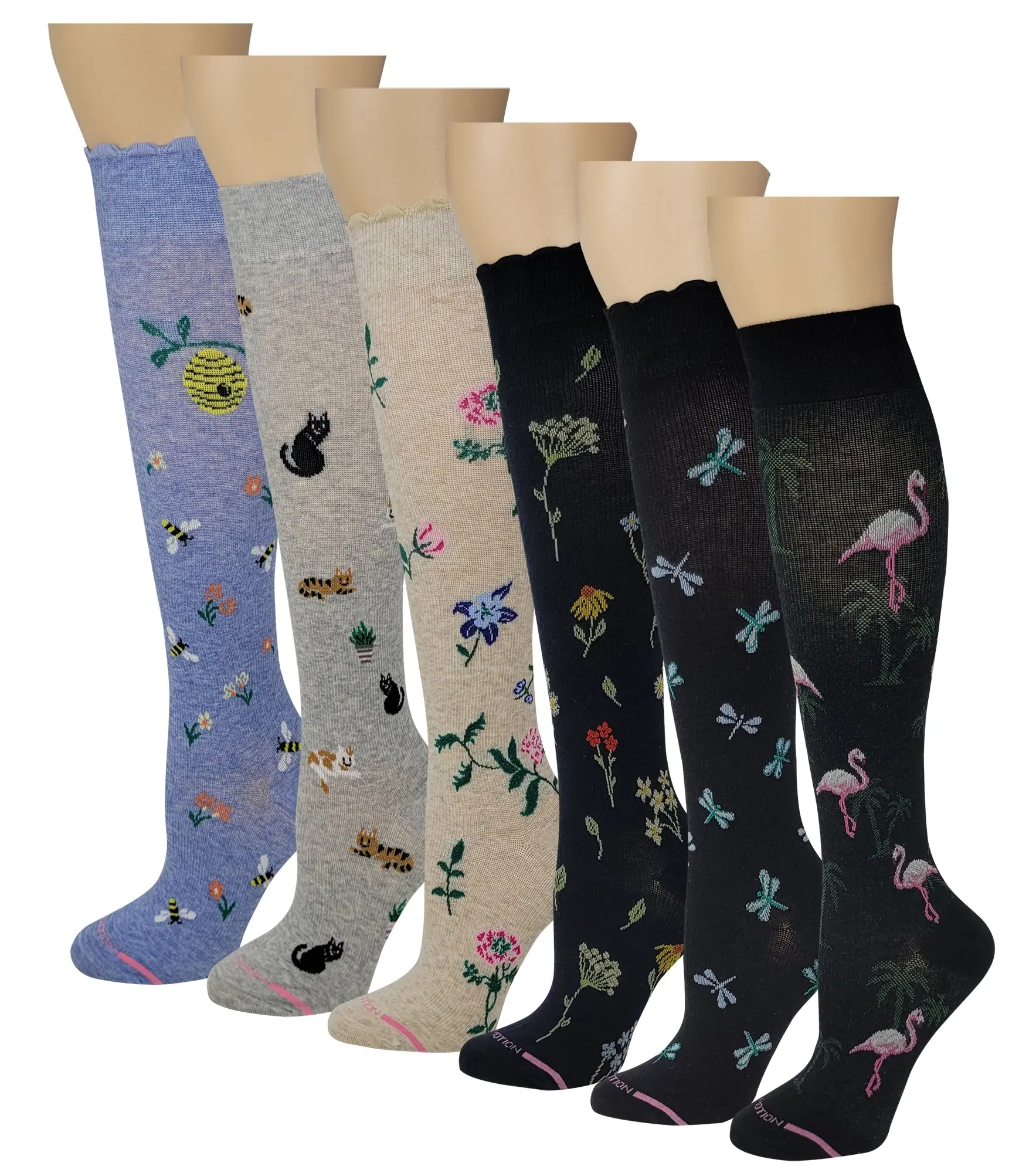 Women's Dr. Motion Knee-High Knitted Compression Socks - Spandex-Nylon Yarn, Moisture Wicking, Breathable, Assorted Novelty Styles, 6 Pairs, Everyday Fit, Ankle Socks Alternative, Moisture Wicking Socks, Breathable Socks
