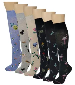 Women's Dr. Motion Knee-High Compression Socks - Spandex-Nylon Yarn, Moisture Wicking, Assorted Novelty Colors, 6 Pairs, Everyday Fit