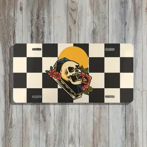 Cool Punk Checkered Skull License Plate |   Unique Car Accessories For Him Her |   Goth Front License Plate |   Vanity Front Plate- Aluminum- 6x12-inch polished metal standard plate, easy to install, Men's/ Women'S car plate