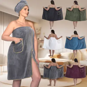 2Pc Plus Size Gold Trim Bath Set: Bath Wrap + Hair Towel, thick coral fleece, soft, water-absorbent and quick-drying, simple solid color with pocket, wearable bath towel suitable for home, hotel and beauty salon