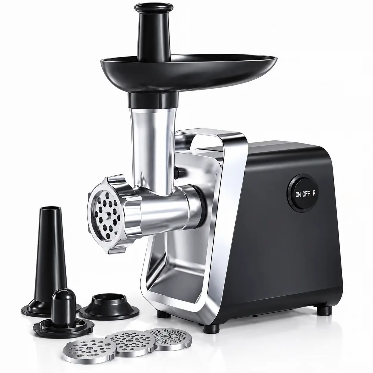 Powerful Fully Automatic Stainless Steel Meat Grinder American plug, ready to use. Comes with everything you need: 1 grinding plate, 3 slicing knives, sausage pusher, food pusher, mixing & chopping head, and kubbe set. Perfect for any kitchen.
