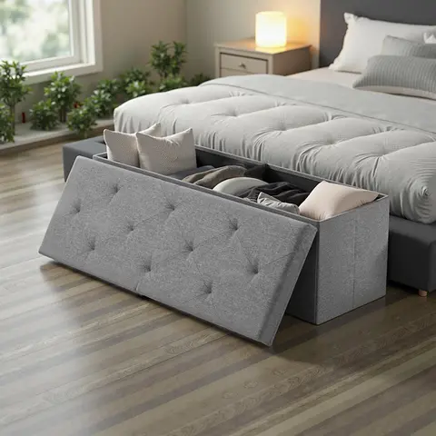 Sweetcrispy Folding Storage Ottoman - 154L Sturdy Breathable Linen Fabric Armless Cushioned Stool, 15"d x 15"h x 43"w Bedroom End-of-Bed Footrest, Assembly Required Shoe Bench with Built-in Divider for Modern Home Decor (Folds Flat to Reclaim Floor Space)