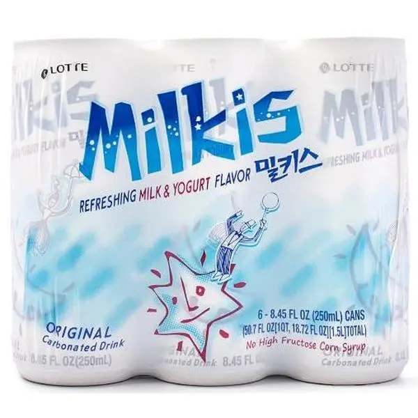 Lotte Korean Milkis Fizzy Soda Beverage - Milk & Yogurt Flavor, Skimmed Milk Base, Contains Phosphoric Acid, 250ml (6 Cans), All Ages Friendly, Cupboard-Storable Drink