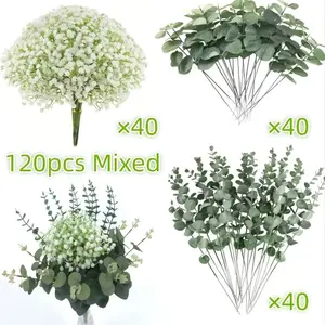 30pcs to 120pcs Starry Artificial Flowers with Fake Eucalyptus Leaves, Decorative Vases for Wedding and Home, Versatile Floral Arrangement Set, Plastic Flowers, Faux Plants