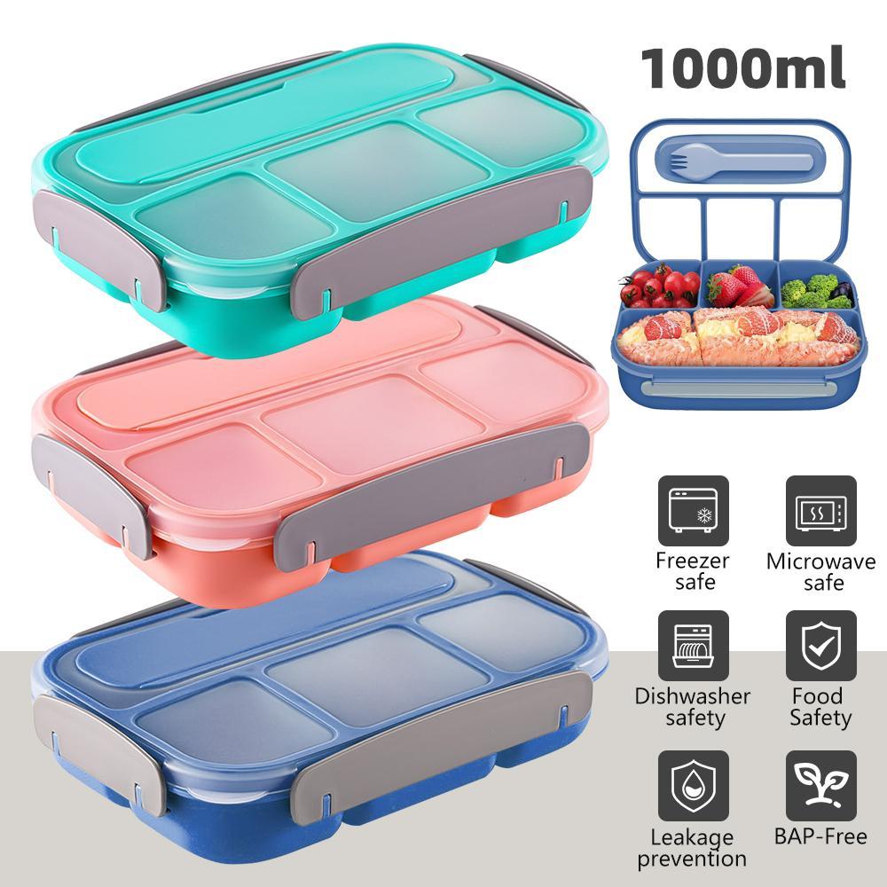 Bento Lunch Box, Boys and Girls Bento Lunch Box with 4 Compartments and Spoon 1000 ML Leakproof Food Storage Box for School, Work and Travel, BPA Free, Three Colors Gift, Christmas gift