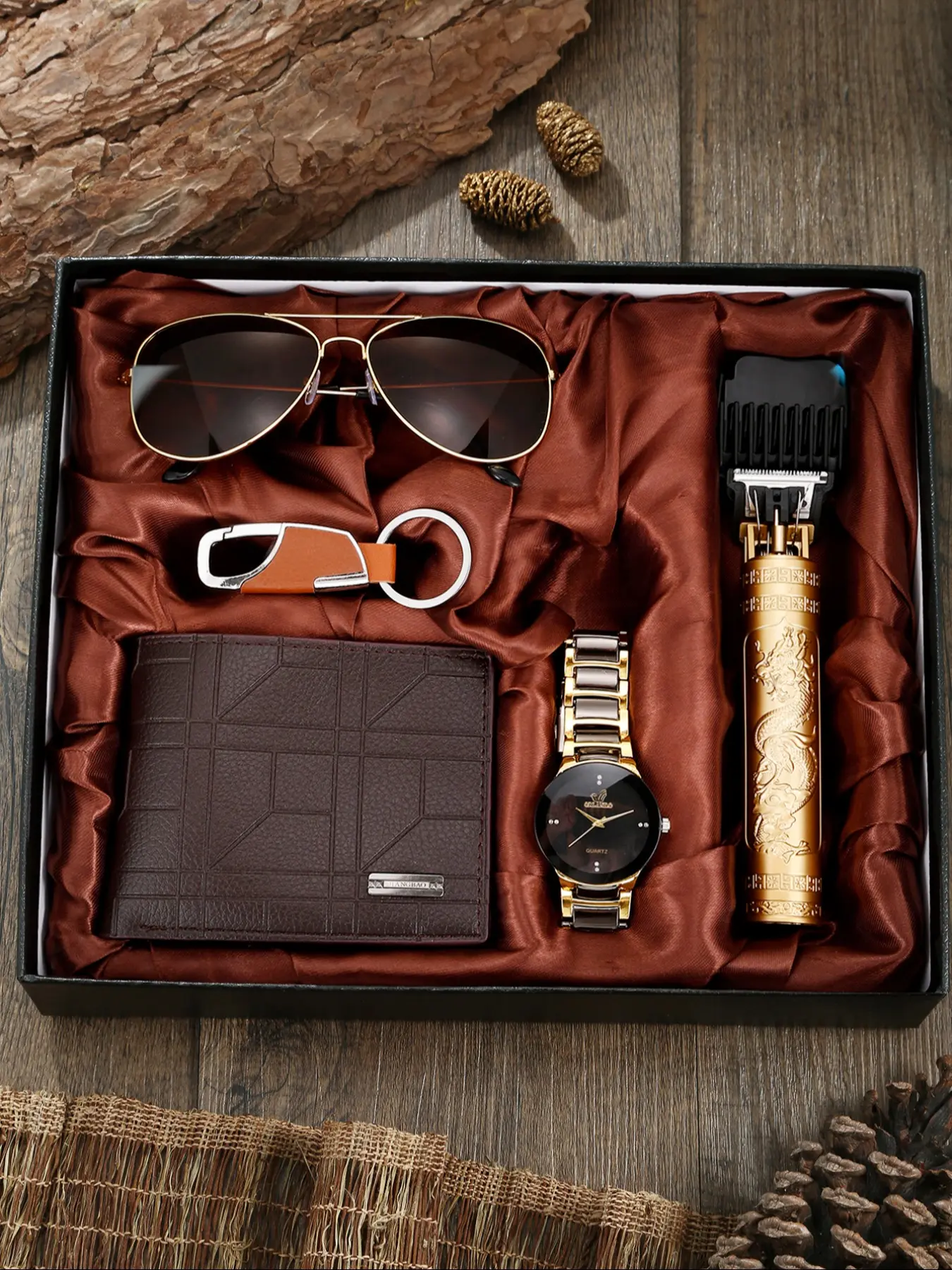 Men's Watch Gift Box Set, Perfect Gift Bundle, Ideal For Gifting, Fashionable Wristwatch, Practical Keychain, Stylish Wallet, Trendy Glasses, Unique Hair Clipper