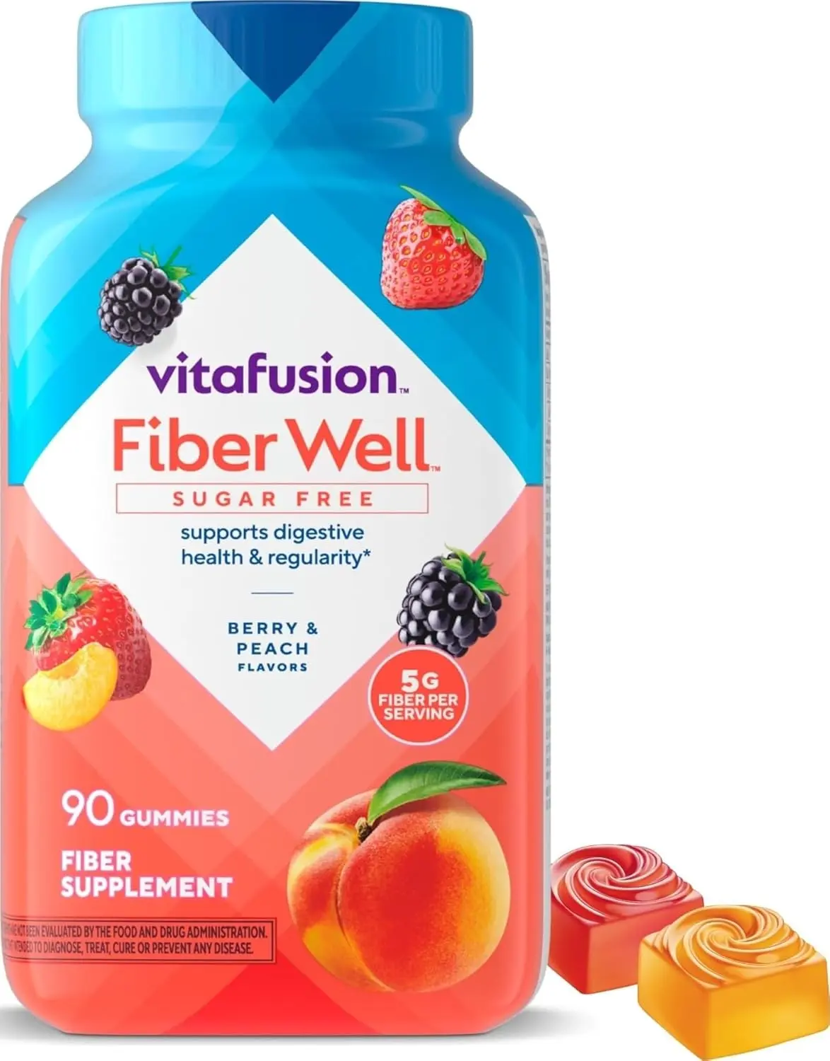Vitafusion Fiber Well Gummies | 5mg | 90 Count | Sugar Free Adult Gummy | Vitamins For Women & Men | Berry & Peach Flavors | Gluten Free Formula