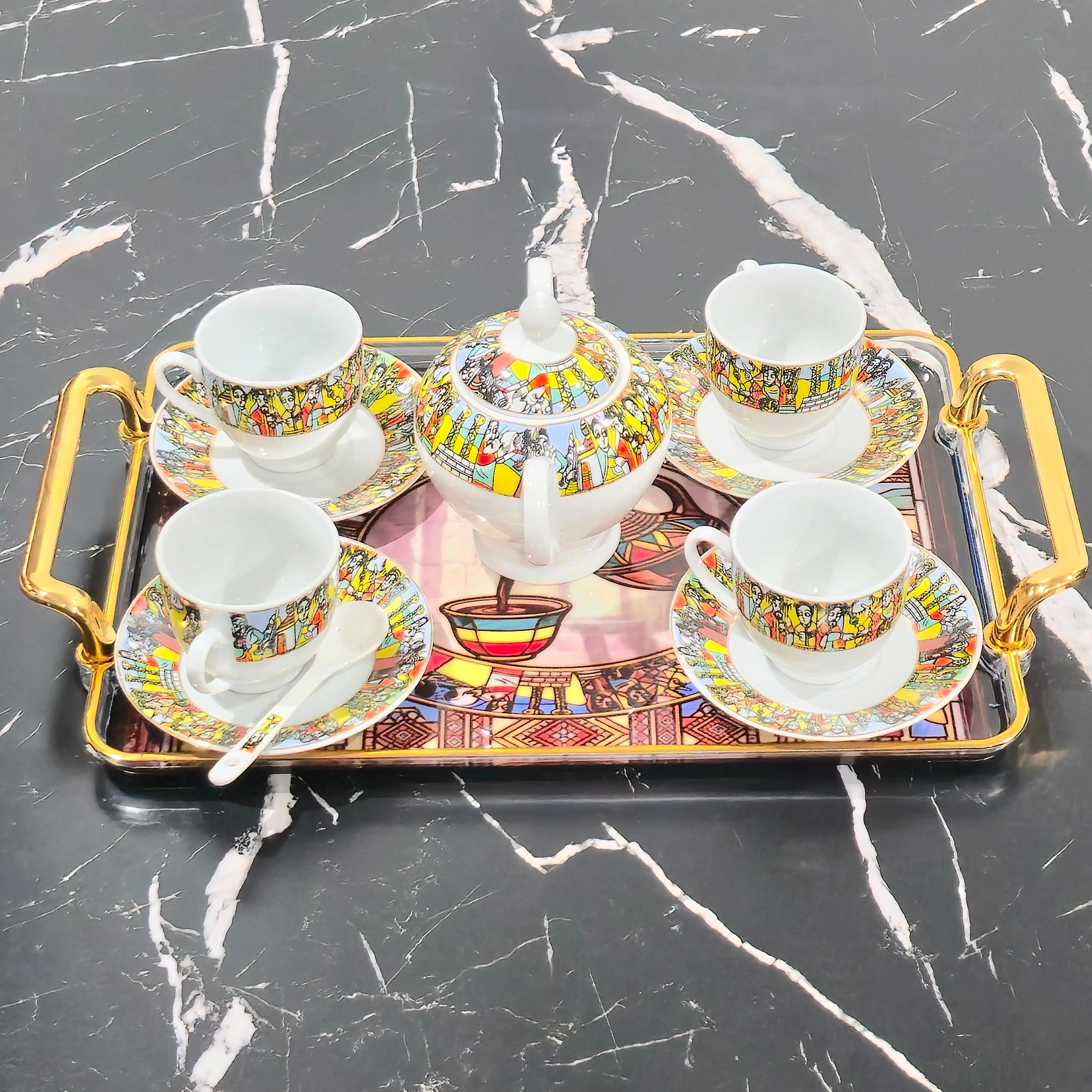 Ethiopian Coffee Ceremony Tray, Habesha Coffee Tray, Food Safe Epoxy Finish, 14.5x8.8 Inches