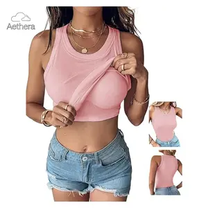 Women's Built-in Bra Vest Sleeveless Casual Shirt Vest Ribbed Fit Vest