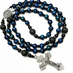 Rosary beads catholic for men,Rosary Necklace for men with medal & cross,Handmade stone Beads Our Lady of Grace Rosary Cross Necklace Catholic Gifts