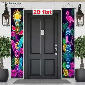 2D flat banner, 1 piece, neon-style Hawaiian-themed flat decorative couplet, featuring watermelon, surfboard, flamingo, pineapple, guitar and party festival background decorations, kdj