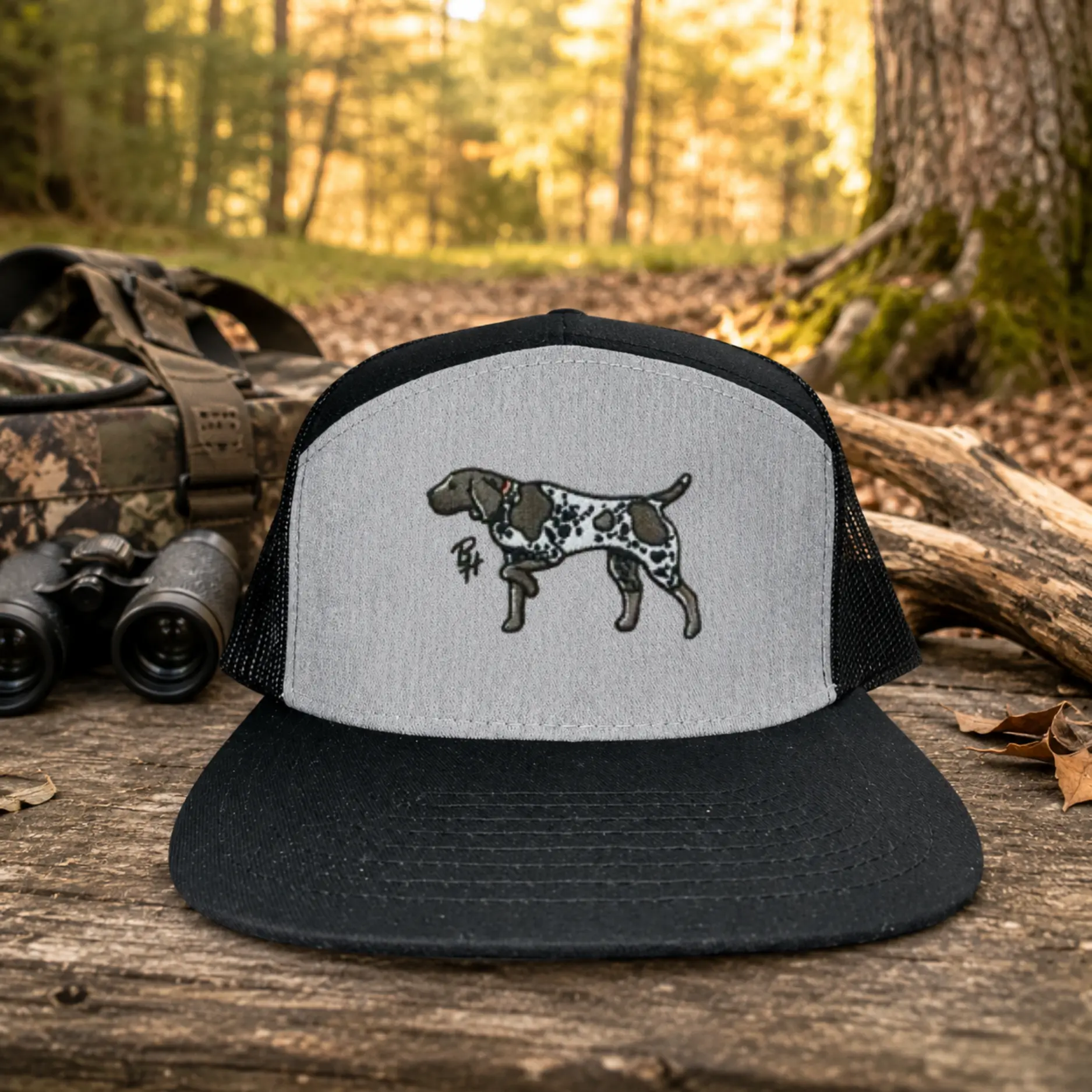 Embroidered Bird Dog Trucker Hat, Black and Gray Mesh Snapback Cap with Flat Brim, Adjustable Outdoor Headwear for Hunters, Camping, Hiking and Everyday Country Wear