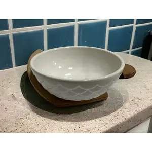 Ceramic Serving Bowl with Wood Stand