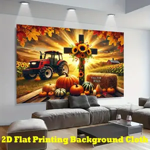 1pc Fall Harvest Christian Religious Banner - Jesus Cross Sunflowers Pumpkins Backdrop with Farmhouse Decor, Thanksgiving Church Church Service Decoration, Photo Booth Background - Durable Polyester Fabric Indoor/Outdoor Party Decorations, Religious