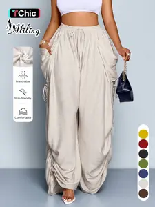 Aliling Women's Summer Casual Basic Solid Color High Waist Wide Leg Pants, Drawstring Side, Adjustable, Long Regular Fit, All Seasons, Daily Commute Style