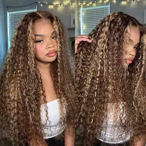 [New Upgrade] ZLIKE Ombre Highlight Water Wave Lace Front Wigs 13x4/13*6  Lace Thick Honey Blond Curly 180% Density Wig with Transparent Lace Blend for Natural Look