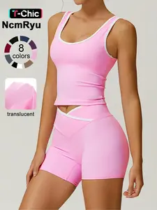 2 piece set women's patchwork high elasticity soft U-neck wide shoulder strap vest cross waist shorts yoga suit set, Workout Running Outfits, Stretchable Activewear, for all seasons running, walking gym sports training