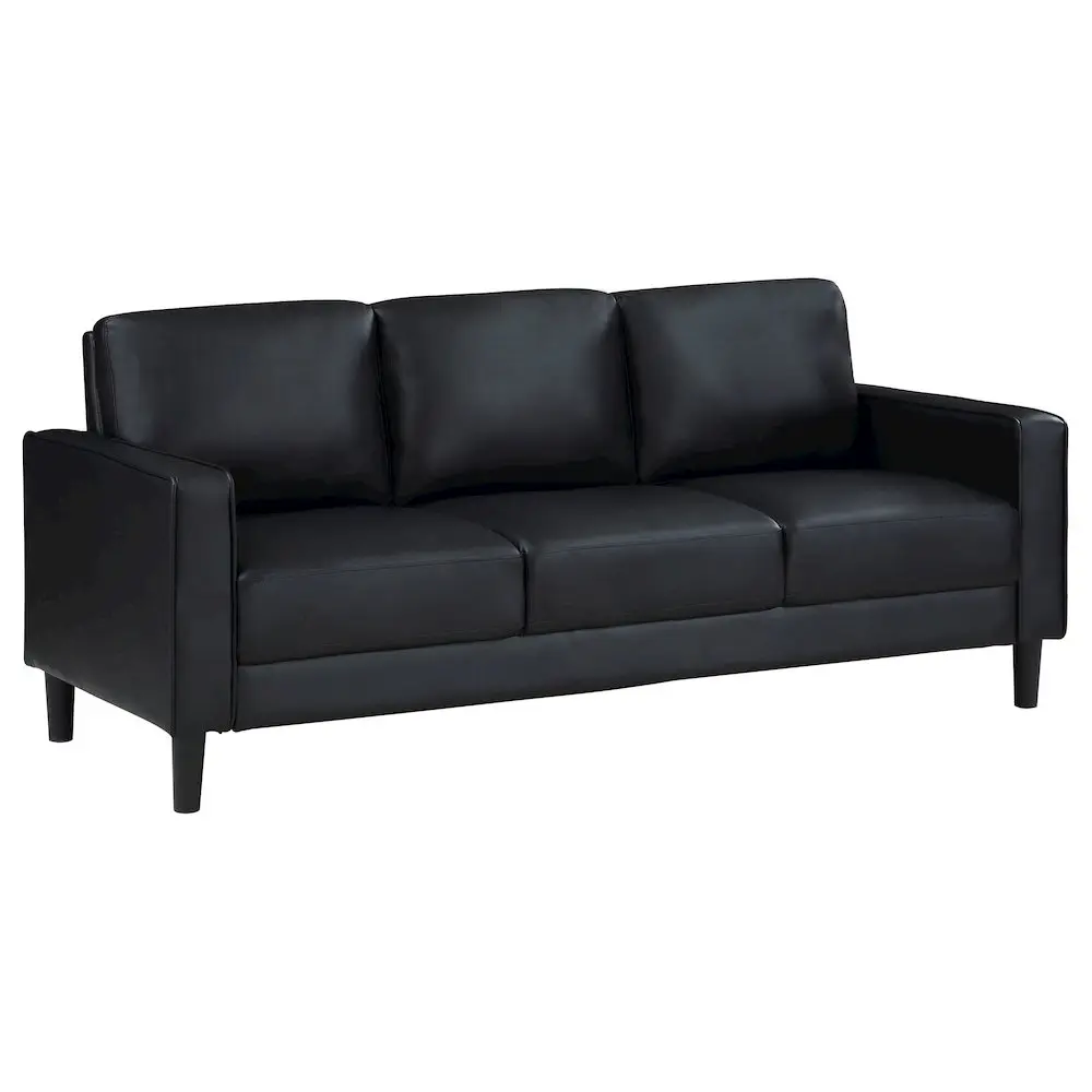 Modern Ruth Faux Leather Upholstered Fixed Track Arm Comfy Couch, Neutral Clean Look, Tapered Legs, Sinuous Spring Support, Black Indoor Sofa for Minimal Interior