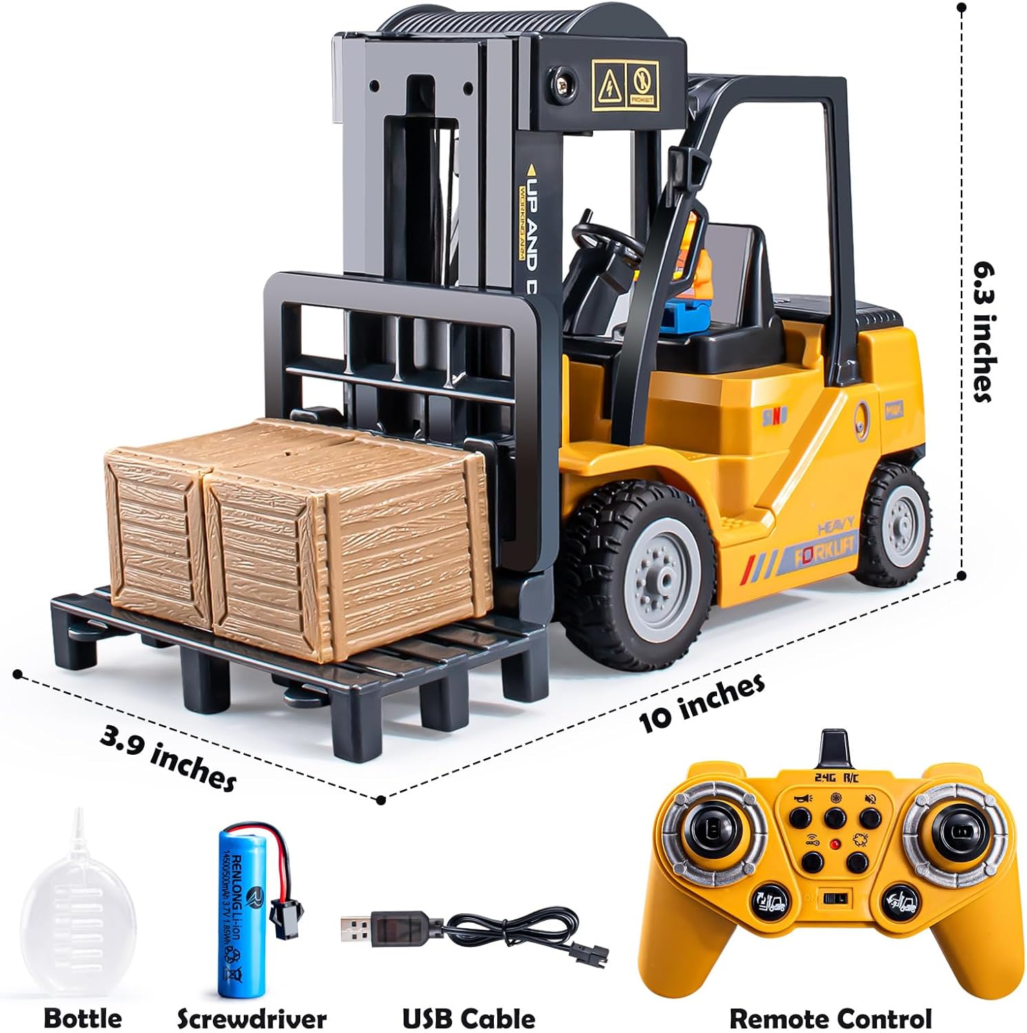 Remote Control Forklift 11 Channel Rc Forklift Cranes Construction Toys, w/Boxes/Sound and Light Spray, Two Rechargeable Batteries, Kids Forklift Toy Christmas & Birthday Gifts