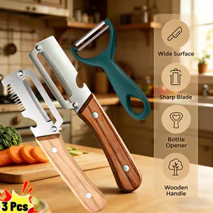 3-in-1 Fruit Vegetable Peeler Set - 3 Pack, Stainless Steel Blade, Wooden Handle, Shredder & Bottle Opener
