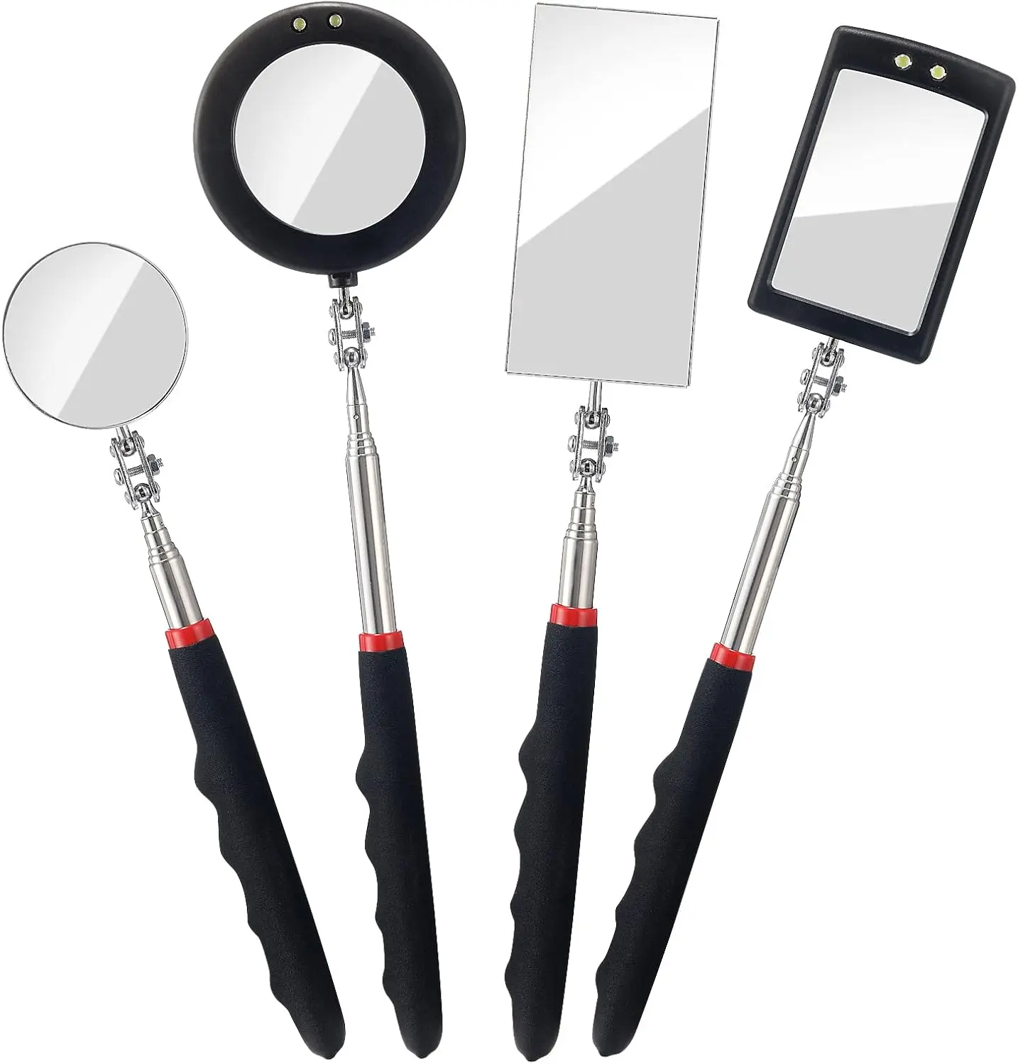 4 count Telescoping Inspection Mirror LED Lighted Inspection Mirror for Mechanic Checking , , Eyelashes, Mouth, Small Parts Observation (Extendable, Rectangle & Round)