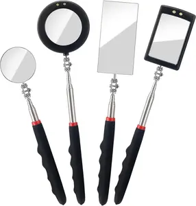 4 count Telescoping Inspection Mirror LED Lighted Inspection Mirror for Mechanic Checking , , Eyelashes, Mouth, Small Parts Observation (Extendable, Rectangle & Round)