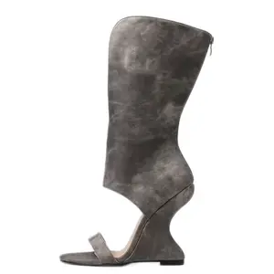 Pre Order Custom Made Gray Distressed Sculptural Heel Wedge Boot Sandals Open Toe Cut Out Mid Calf Y2K Alt Style Footwear for Women summervibes