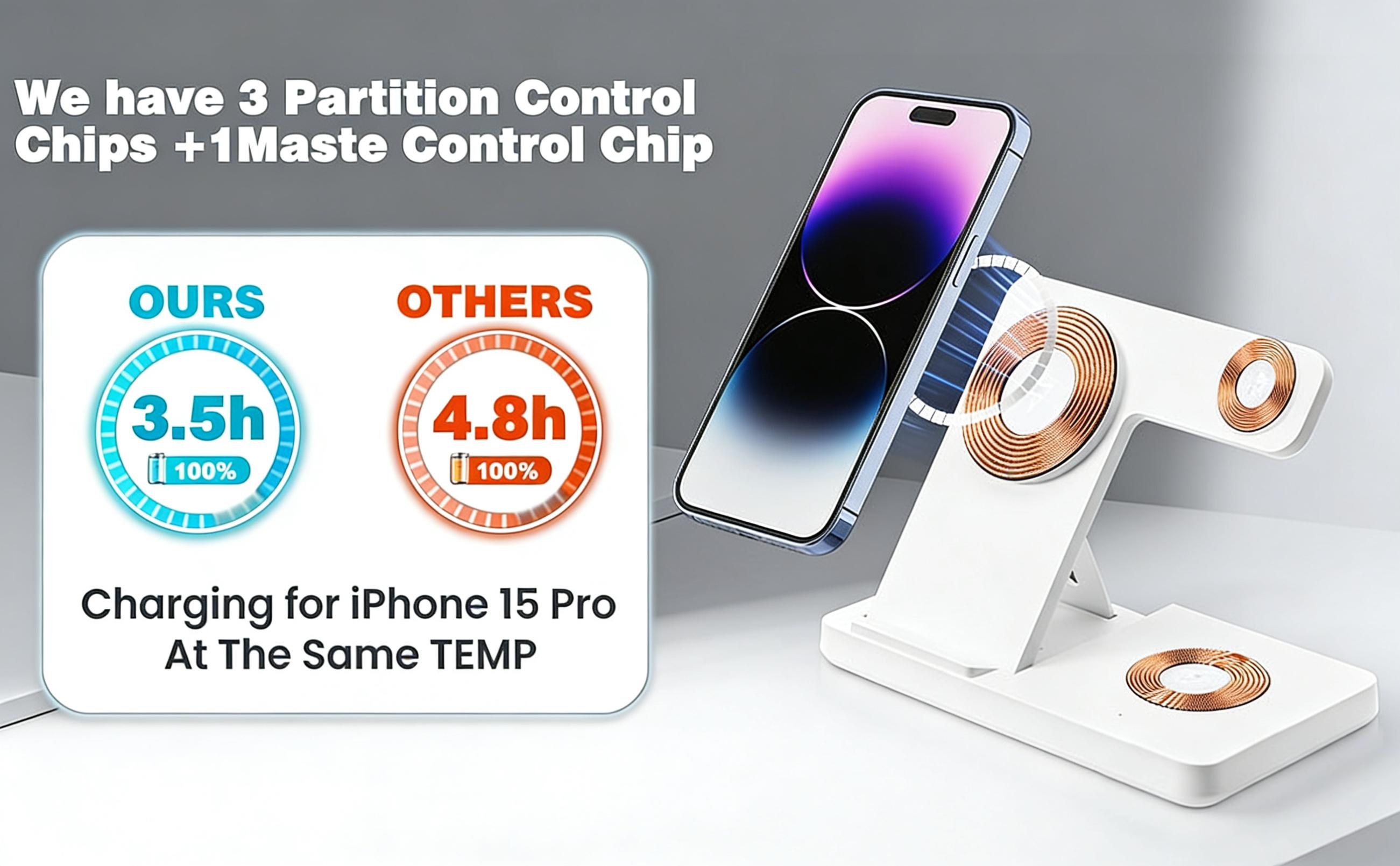 3 in 1 Magnetic Wireless Charger Qi2 15W Fast Charging Station for iPhone Apple Watch AirPods