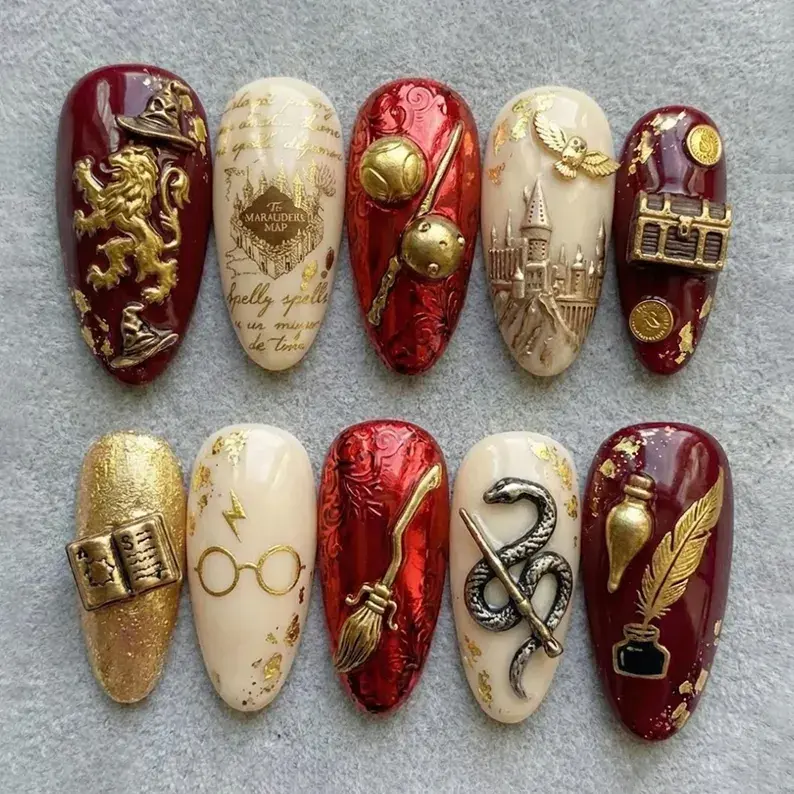Handmade Wizard Magic School Inspired Press-On Nails Set, 3D Gold Lion-Snake Crest, Vintage Castle Spell Book Design, Burgundy Antique Nail Art Decoration