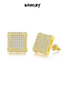 WANGXY 14K Gold Plated Square Screw Stud Earrings 5A+ Cubic Zirconia Iced Out Square Screw Back Hypoallergenic Cube Large Stud Earrings For Men Women