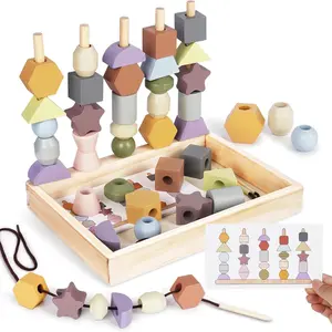 L-ITC117 Montessori Toys for 3 Year Old - Wooden Lacing Beads & Stacking Blocks Toys for 3 4 5 Year Old Girl Boy Easter Birthday Gifts, Preschool Learning Activities With Beads Sequencing Set for Kids Age 3+