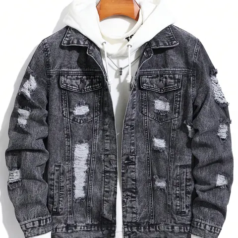 Trendy Distressed Ripped Plain Vintage Classic Denim Collared Long Sleeve Casual Fashionable Jacket Coats, Casual Loose Coat, Outerwear, Full of Street Style, Easily Create a Unique Look!(inner wear not included).