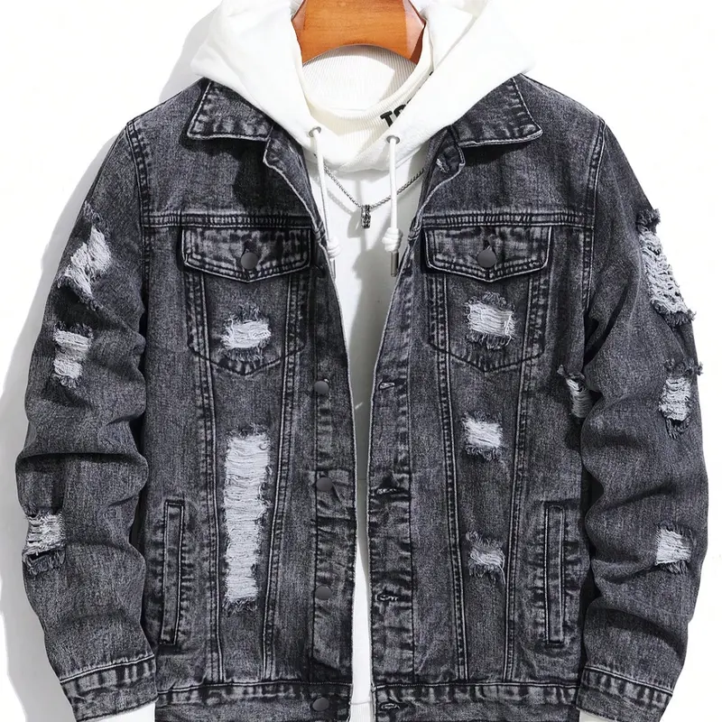Trendy Distressed Ripped Plain Vintage Classic Denim Collared Long Sleeve Casual Fashionable Jacket Coats, Casual Loose Coat, Outerwear, Full of Street Style, Easily Create a Unique Look!(inner wear not included).