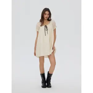 Cider 100% Cotton Puff Sleeve Twist Knotted Scoop Neck Smock Mini Dress