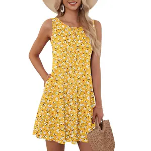 AUSELILY Women's Boho Floral Summer Dress Rose White Fitted Sleeveless Casual Beach Sundress with Pockets 2026 New Womenswear Bohemian Style