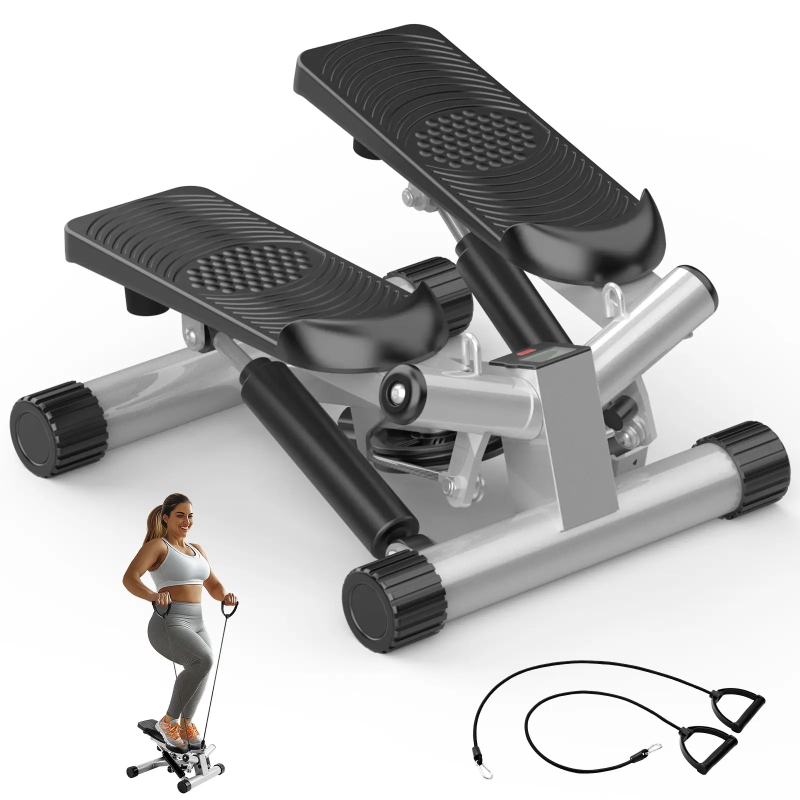 Mini Stair Stepper Machine for Home Workout, Portable Gym Equipment with Resistance Bands, Adjustable Stride & Intensity, Quiet Compact Design with LED Monitor, 265 LBS Capacity