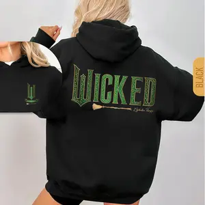 Wicked Movie Logo Elphaba Green And Gold Broom 2 Sided Graphic Hoodie Fleece Fabric Casual Hooded Sweatshirt Trendy Tops Perfect Gift