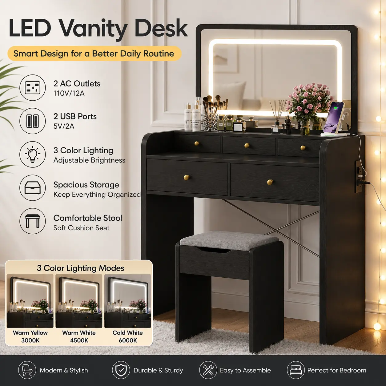Contemporary Large Vanity Desk with LED Mirror, 3 Lighting Modes, 5 Drawers, Power Outlet, USB Ports, Cushioned Storage Stool - Glam Indoor Furniture for Teen Room, Vanity Organization & Daily Routine (White & Black), Led Lights, Modern