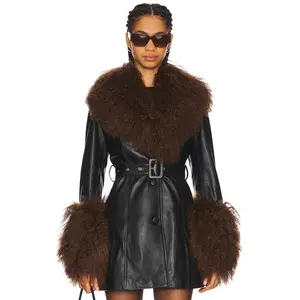 Susanna Chow Mimi Leather Coat With Fur Trim in Black & Brown Susanna Chow Mimi Leather Coat With Fur Trim in Black & Brown