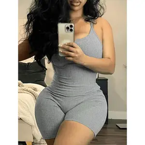 Women's Solid Color Ribbed Tank Romper, Casual Sleeveless Square Neck Skinny Romper for Daily Wear, Ladies Clothes for All Seasons, Suits