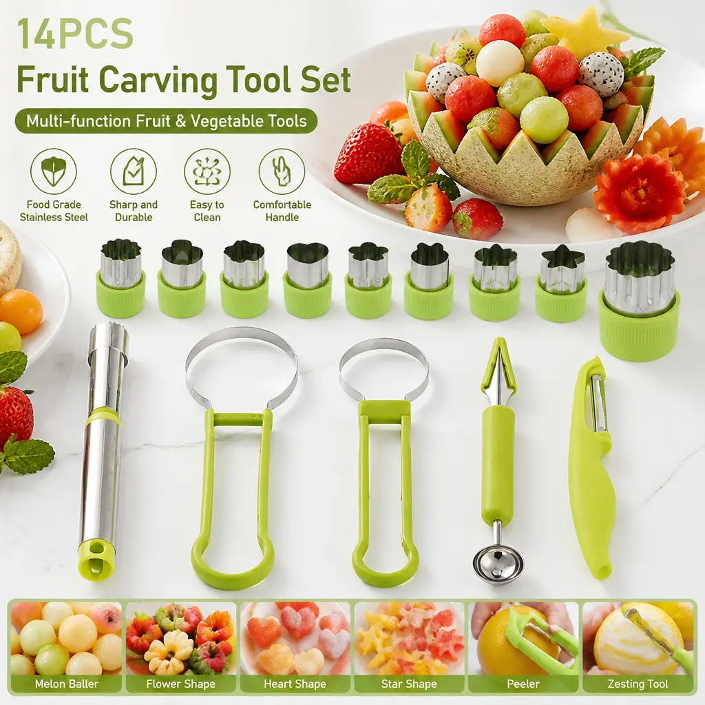 14-Piece Stainless Steel Melon Baller Scoop Tool Set - 4-in-1 Fruit Utensils with 9 Cutter Shapes, Peeler, Corer, Seed Remover for Kiwi, Watermelon Art, DIY Kitchen Supplies, 14 Pieces