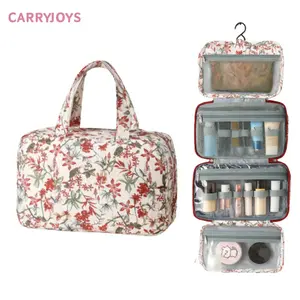 CARRYJOYS flowers toiletry bag large capacity 4 layers canva waterproof cosmetic makeup bag women travel hangable storage bag