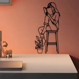 1pc Reading Woman Metal Wall Art, Art Wall Decoration, Artistic Minimalist Line , Perfect for Bedroom Wall, Birthday Gift, Ideal for Book Lovers, Durable Metal
