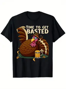 Humorous Thanksgiving Turkey and Beer Graphic T Shirt for Men and Women Featuring the Sayings Time to Get Basted with Comfortable Short Sleeve Crewneck Design