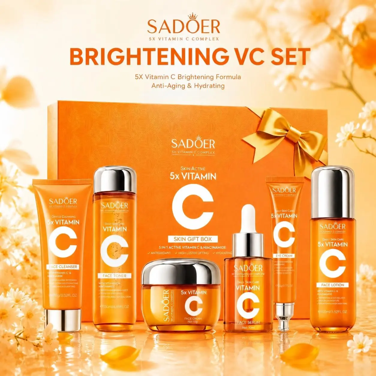 SADOER 5X Vitamin C Skin Care Set - Brightening, Anti-Aging & Hydrating Facial Kit for Glowing Skin