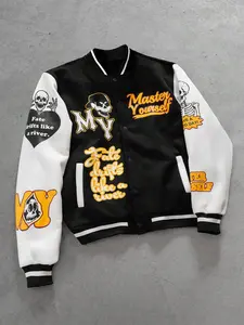 Men's Autumn Letter & Skull Print Colorblock Long Sleeve Casual Jacket, Fitted Baseball Jacket, Trendy Fashion Daily Wear Comfort