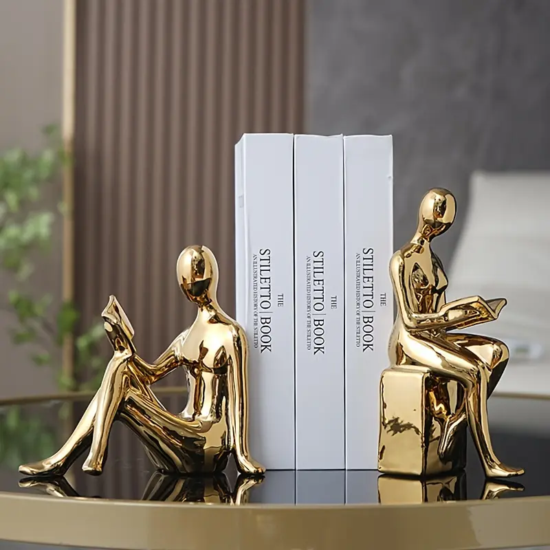Modern Minimalist Gold-Tone Abstract Figurine Bookends: Perfect for Home Office or Living Room Decor fengshui ornament silk  flowers farmhouse kitchen cute decoration  Ceramic Cabinet Metal print highland cow desktop fidget coffee lover saint patrick home