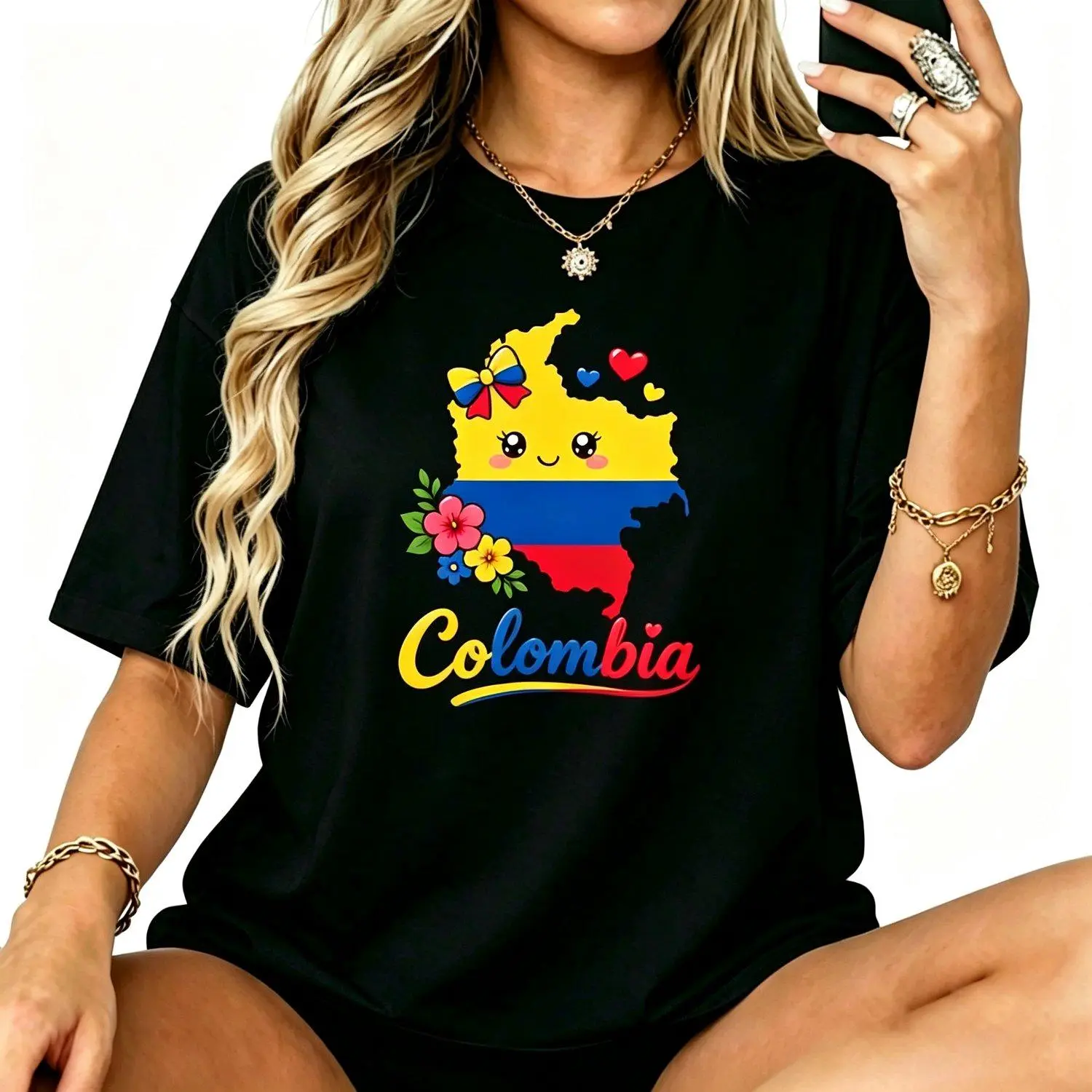 Cute Colombia Flag Day Kawaii Map Hearts Bow T shirt Graphic Tee Casual Stylish Apparel Top